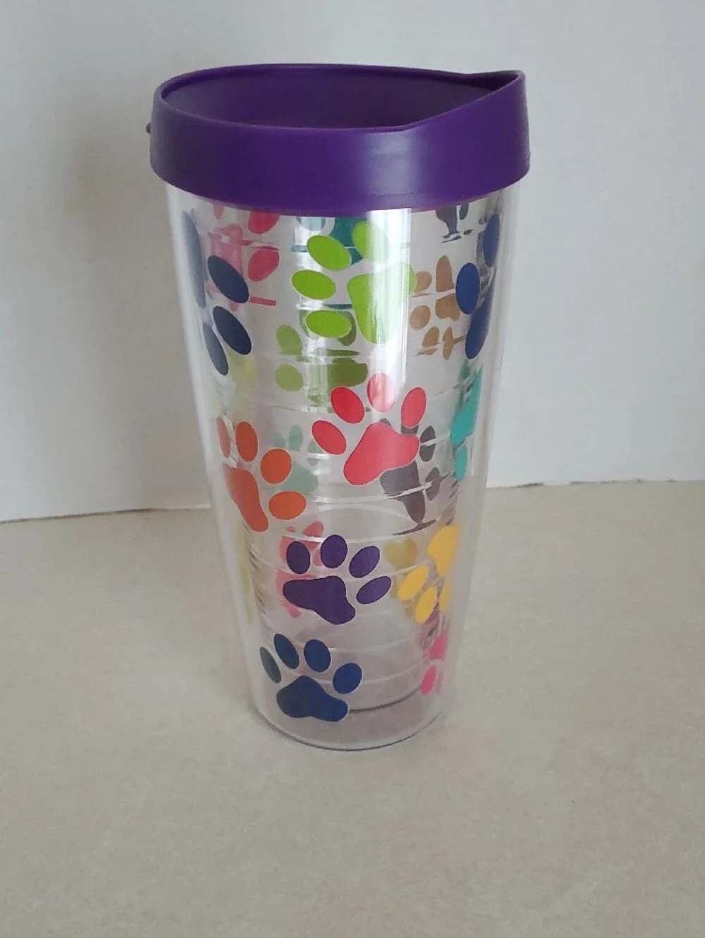 Purple-Lid Paw Print Travel Tumbler